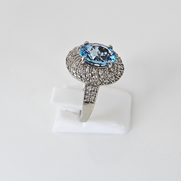 Natural Swiss Blue Topaz & Diamond Ring Sterling Silver Platinum Finish Sz 8